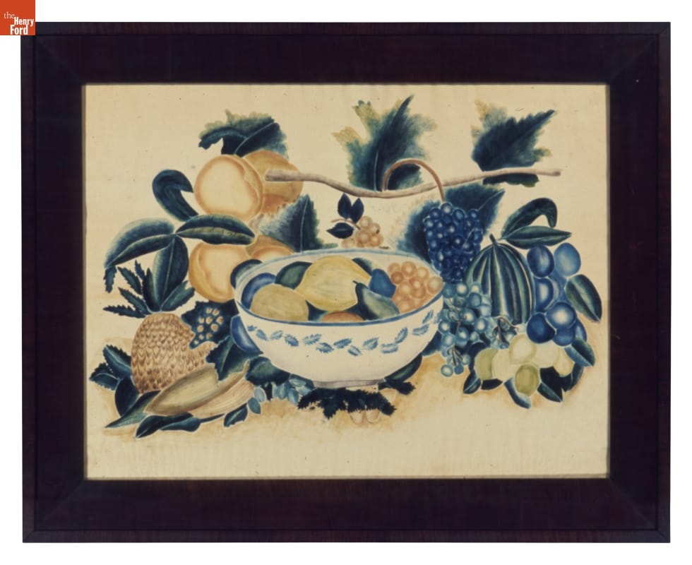 Painting of bowl of fruit with other produce surrounding it