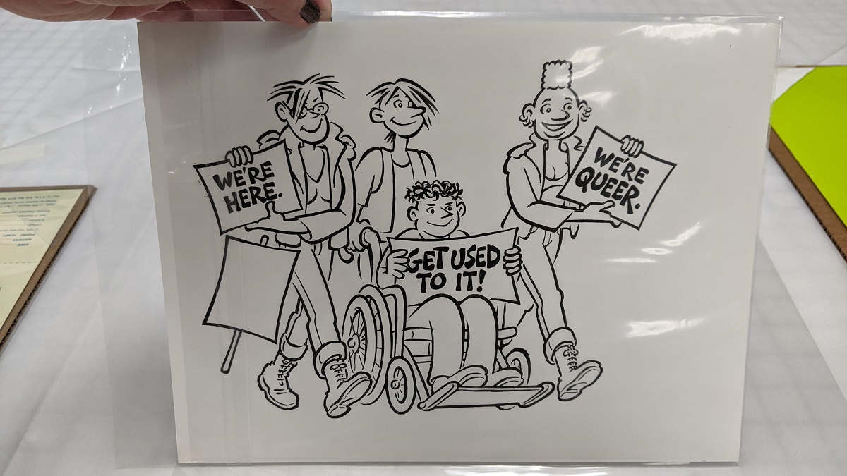 Illustration created by Howard Cruse Cartoon-like line drawing of three people, one in a wheelchair, most holding signs
