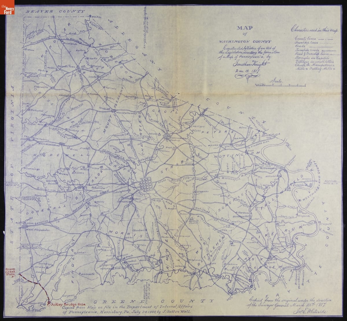 Blue-line map of Washington County, with text and legend