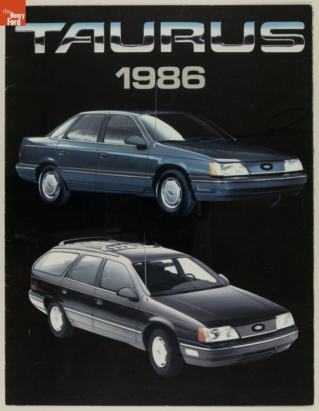 Page with text "TAURUS 1986" and images of sedan car and rounded station wagon