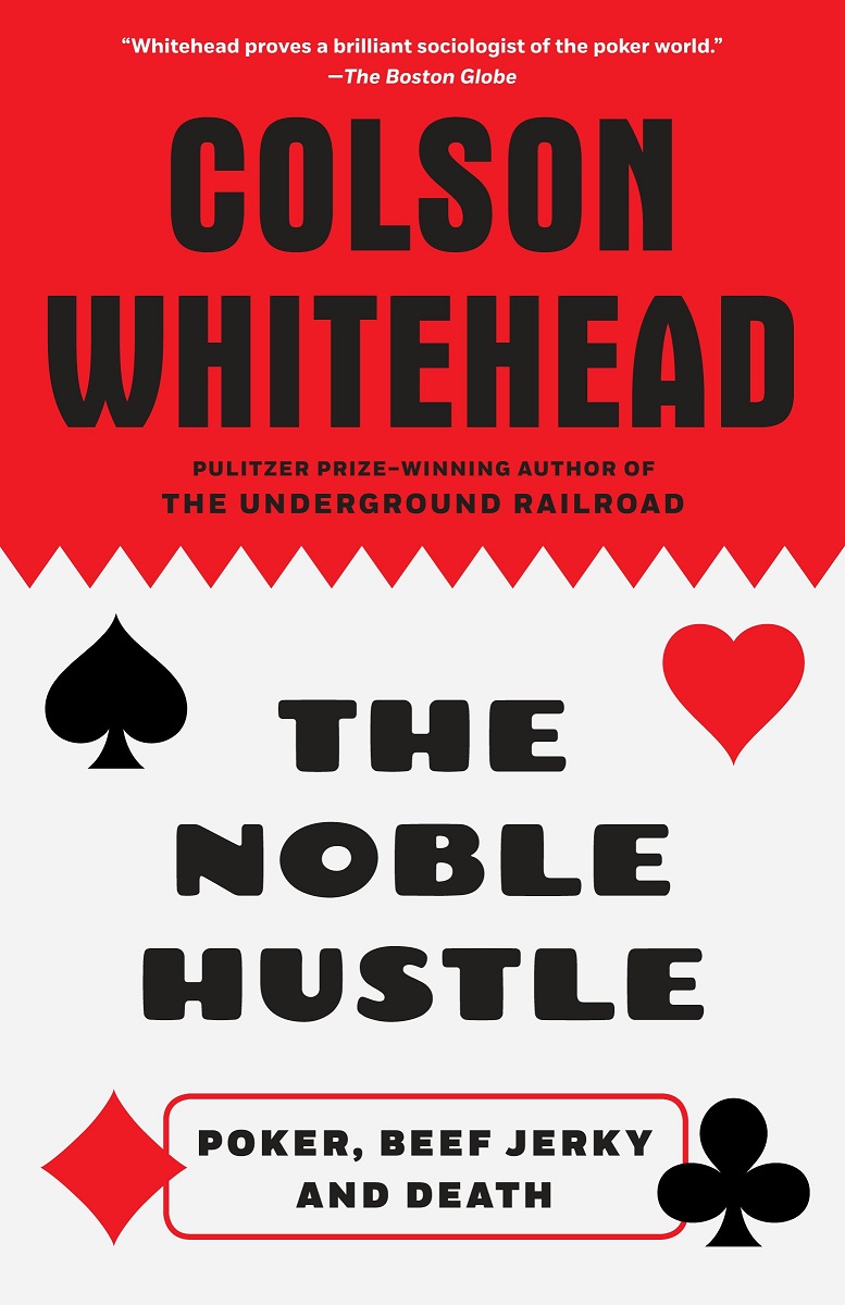 Red-and-white book cover with text and heart, spade, diamond, and club icons in red and black