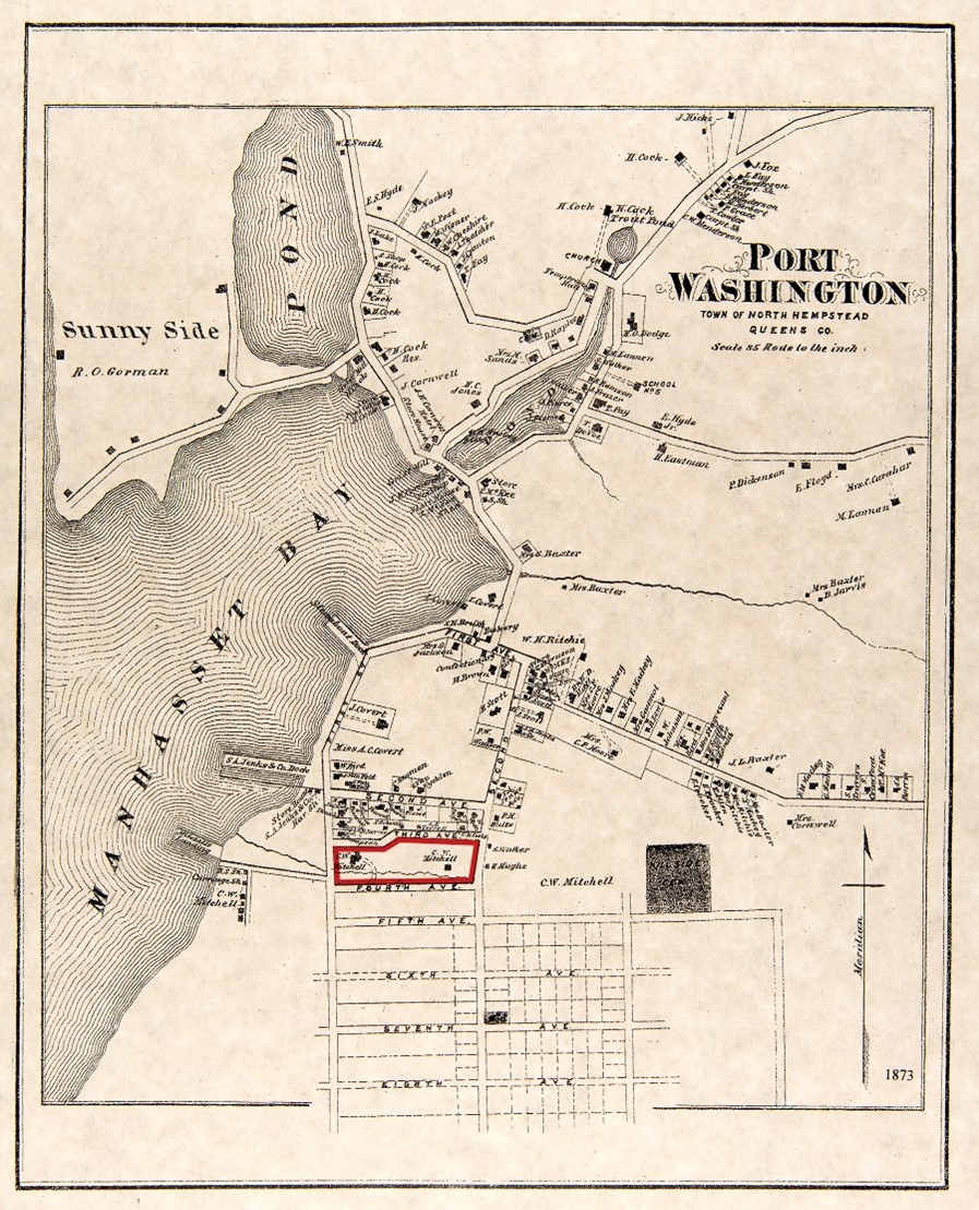 Map of Port Washington with irregularly shaped area outlined in red
