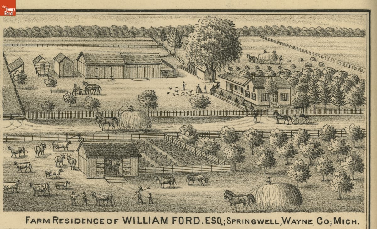 Illustrated Historical Atlas of the County of Wayne, Michigan, 1876 / page 34, detail Print of aerial view of farm property, with house, outbuildings, fields, trees, cows and horses, and people