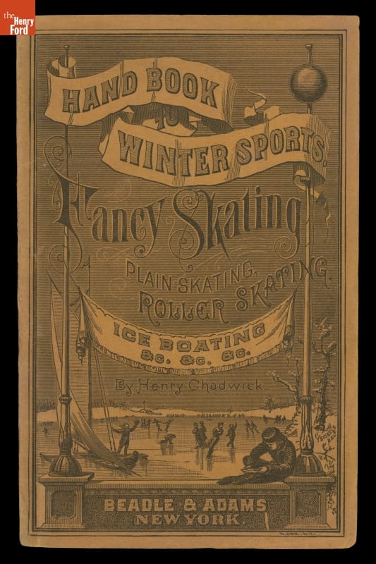 Brown cover with decorative text and etching of people skating and ice-boating on a frozen lake or pond