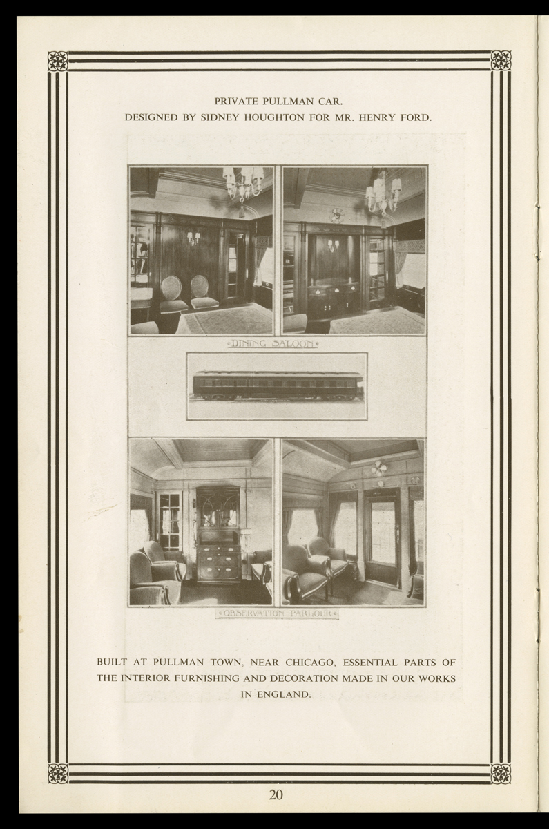Page with text, image of rail car, and four interior room shots