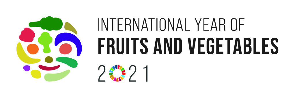 International Year of Fruits and Vegetables logo by the Food and Agriculture Organization (FAO) of the United Nations (UN) Logo with text "International Year of Fruits and Vegetables 2021" and smiley face made up of simple stylized vegetables