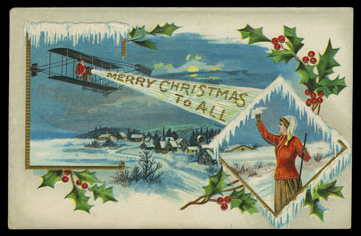 Postcard with Santa in an old-fashioned airplane flying over a snowy scene as a woman waves; also contains text