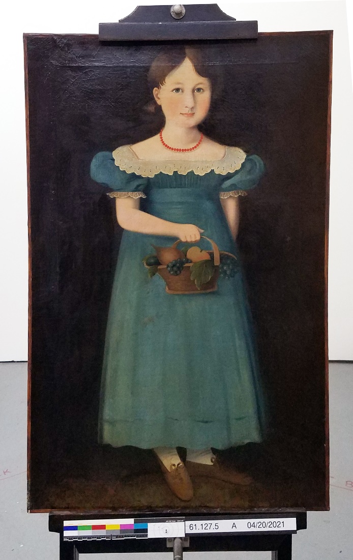 Painting of girl in blue dress holding basket of fruit