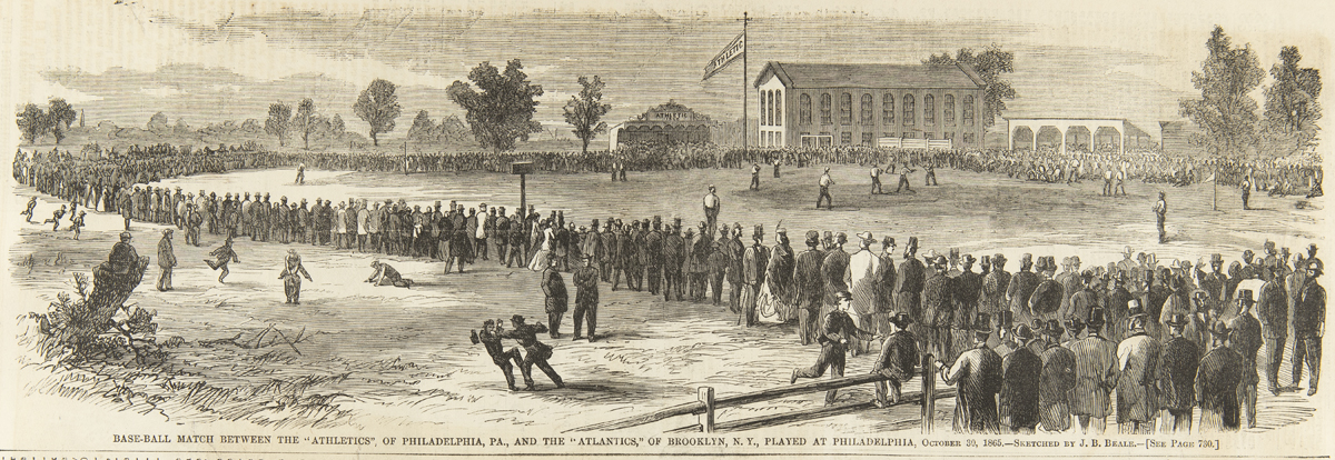 Harper's Weekly, Bound Volume of Issues from 1865 / image 1 detail Illustration of a crowd of people around a grassy area where baseball is being played