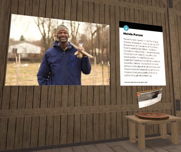 Virtual space with image of smiling man with shovel and text panel on wooden wall