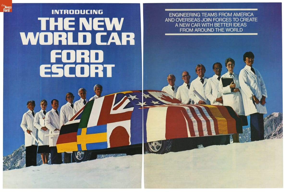 Advertisement for 1981 Ford Escort, "Introducing the New World Car" Two-page advertising spread with photo of car under cover decorated with a variety of national flags and many people in white coats standing alongside; also contains text