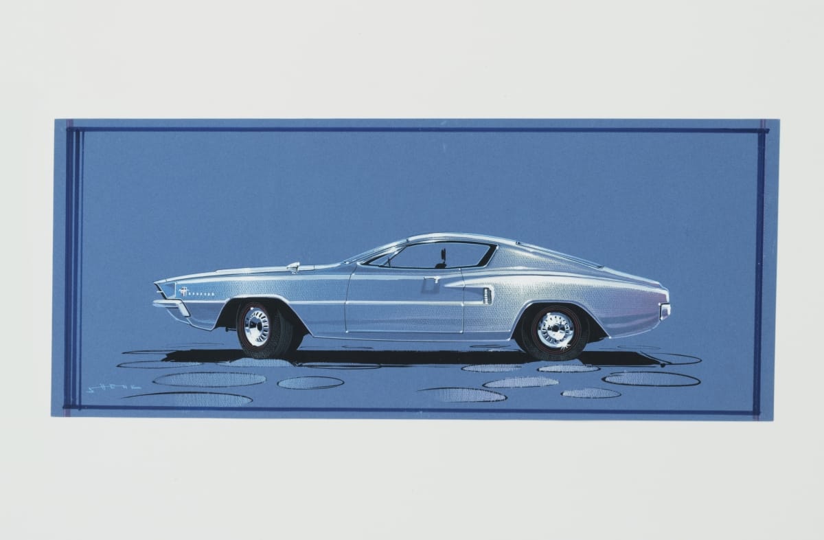 Drawing of sleek blue car on blue background