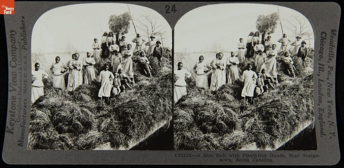 A Rice Raft with Plantation Hands, Near Georgetown, South Carolina, 1901-1909 Double arched duplicate photographs in a frame with text, showing a group of African American people standing on a large hay pile
