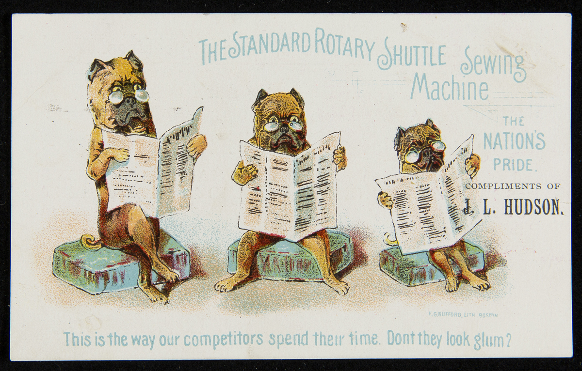 Card with drawing of three dogs wearing glasses and reading newspapers; also contains text