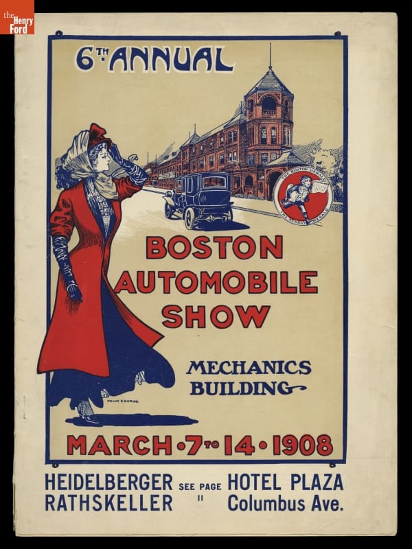 Program, "6th Annual Boston Automobile Show," March 7-14, 1908 Woman in red coat and hat with scarf tied under chin as car drives down road with red brick buildings nearby