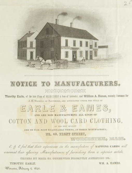 Earle & Eames Trade Catalog, "Notice to Manufacturers: Earle & Eames Now Manufacturing all Kinds of Cotton and Wool Card Clothing," 1846 (detail) Image of house or factory with text underneath