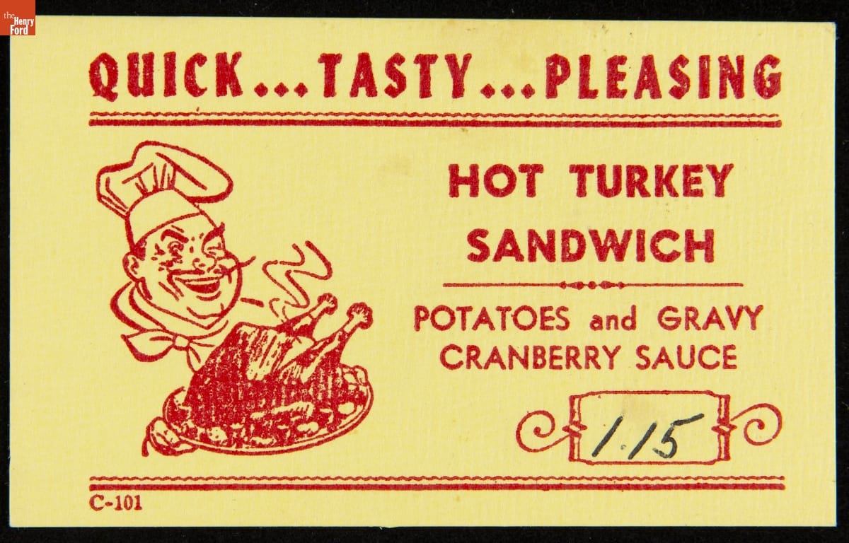 Menu-Insert Card, "Quick... Tasty... Pleasing, Hot Turkey Sandwich," 1950-1970 Page with red text and image of mustachioed man in chef's hat holding a whole roasted turkey