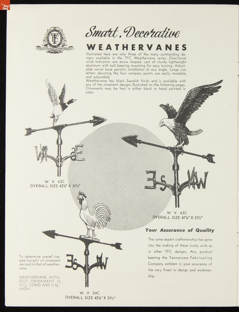 Catalog page with three illustrations of weathervanes featuring a duck, a rooster, and an eagle; also contains text
