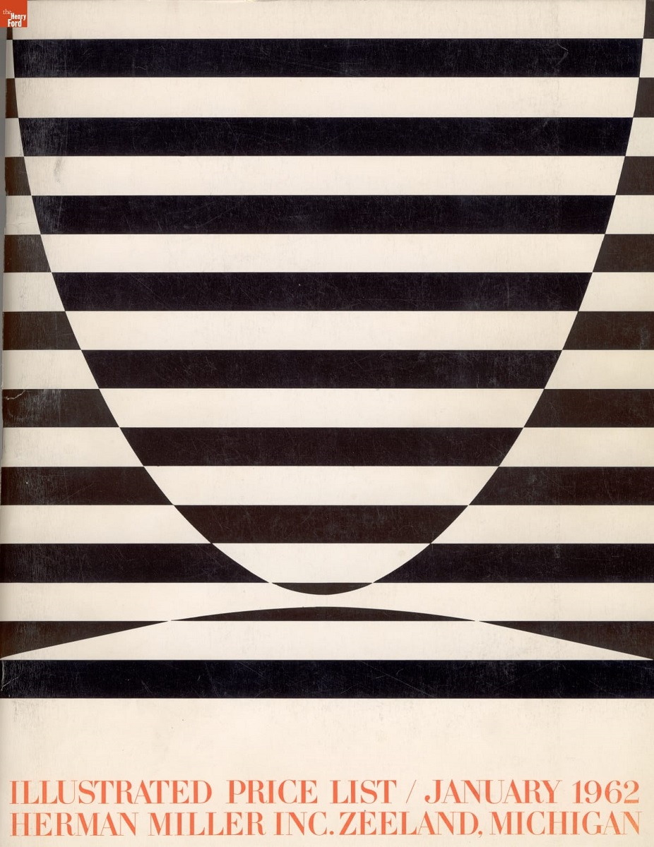 Page with op-art-like black and white stripes, offset to create a stylized letter "M"; also contains text