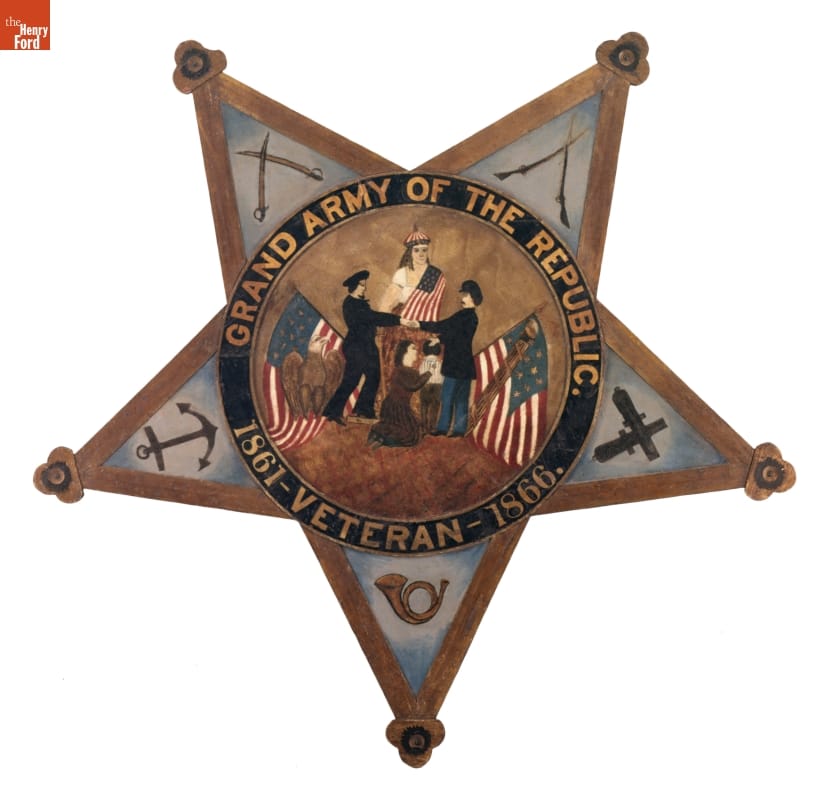 Five-pointed star-shaped artwork with image of people and flags in center; also contains text