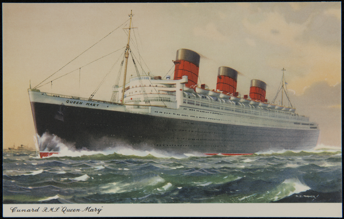 Postcard of large ocean liner at sea; also contains text