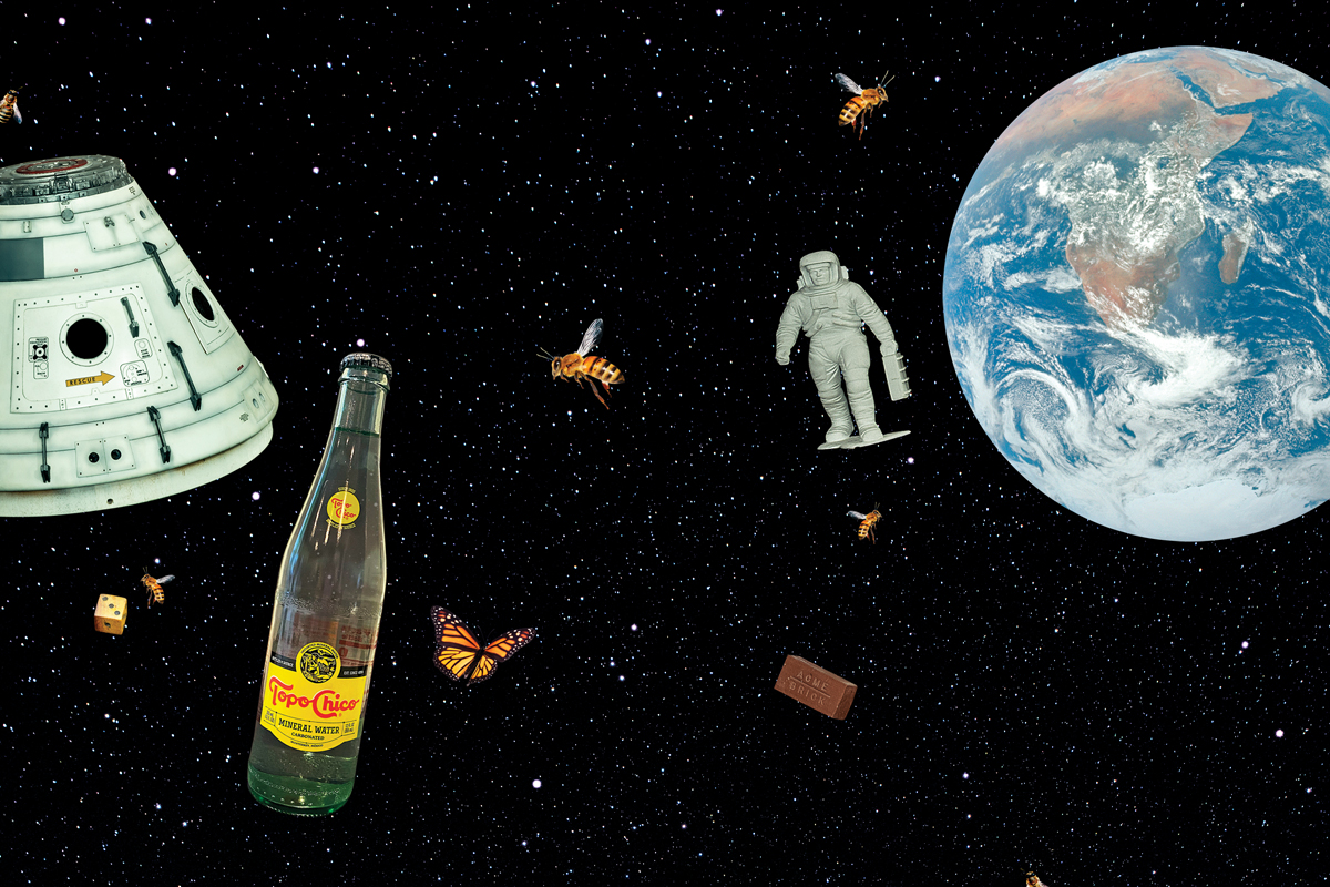 Black space with stars, Earth, space capsule, astronaut model; also floating in space are bees, a brick, a die, and a Topo Chico bottle