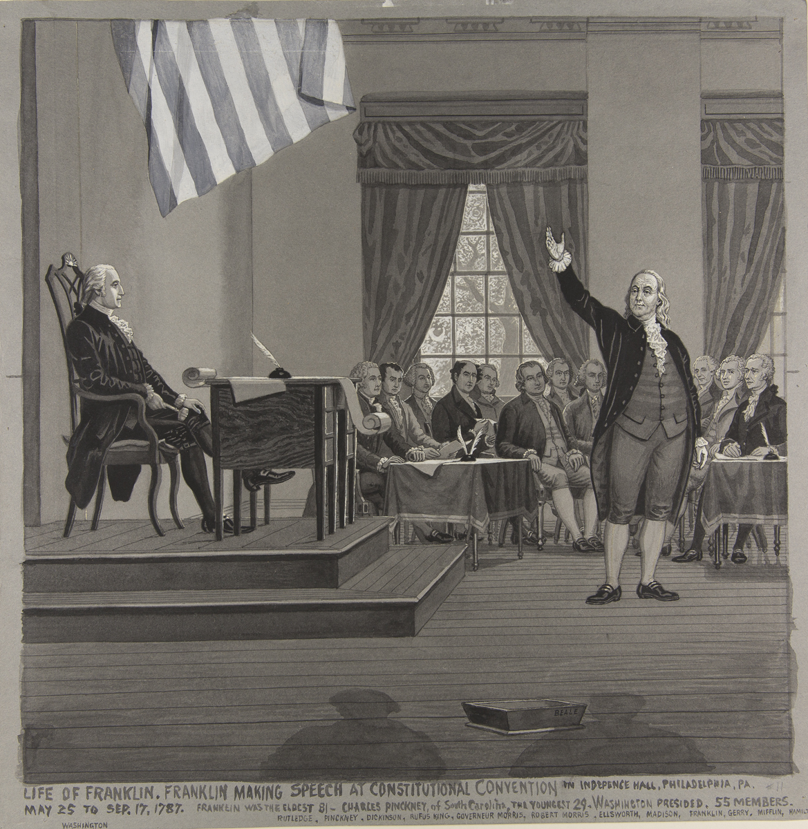 "Franklin Making Speech at Constitutional Convention," Drawing for Magic Lantern Slide, 1902-1903 Man in suit with right arm upraised, in front of man sitting at desk on dais, with additional people at tables behind them