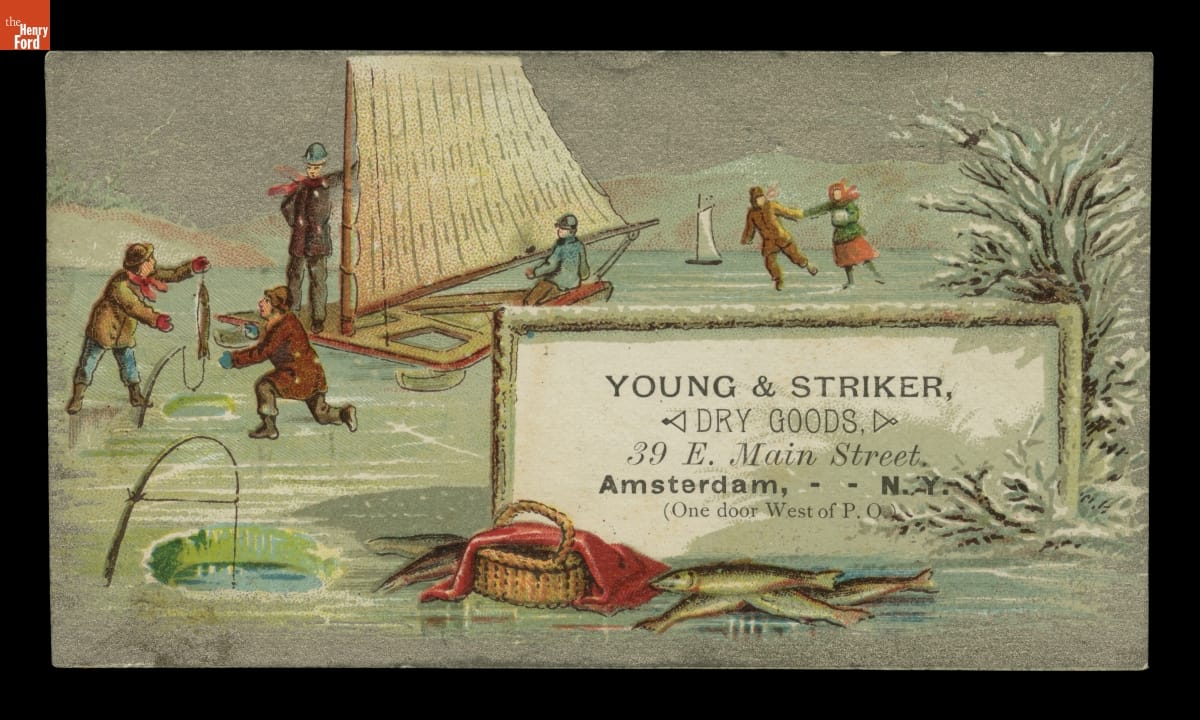 Card with text and image of people ice skating, ice fishing, and ice boating on a frozen lake; also contains text