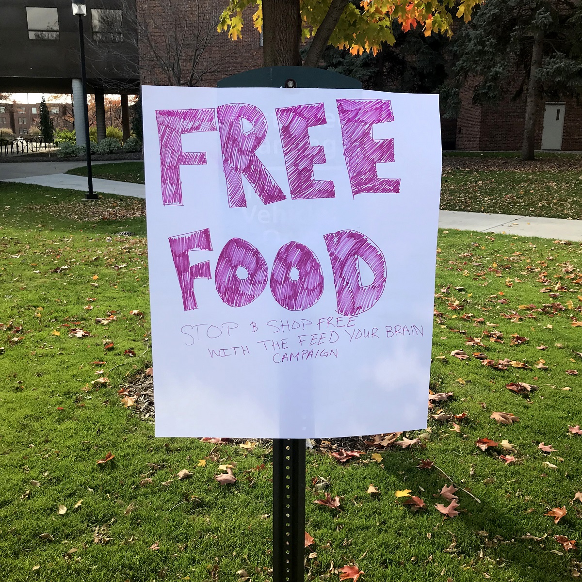 Handmade sign reading "Free Food: Stop & Shop Free with the Feed Your Brain Campaign" posted in a grassy area with buildings behind it