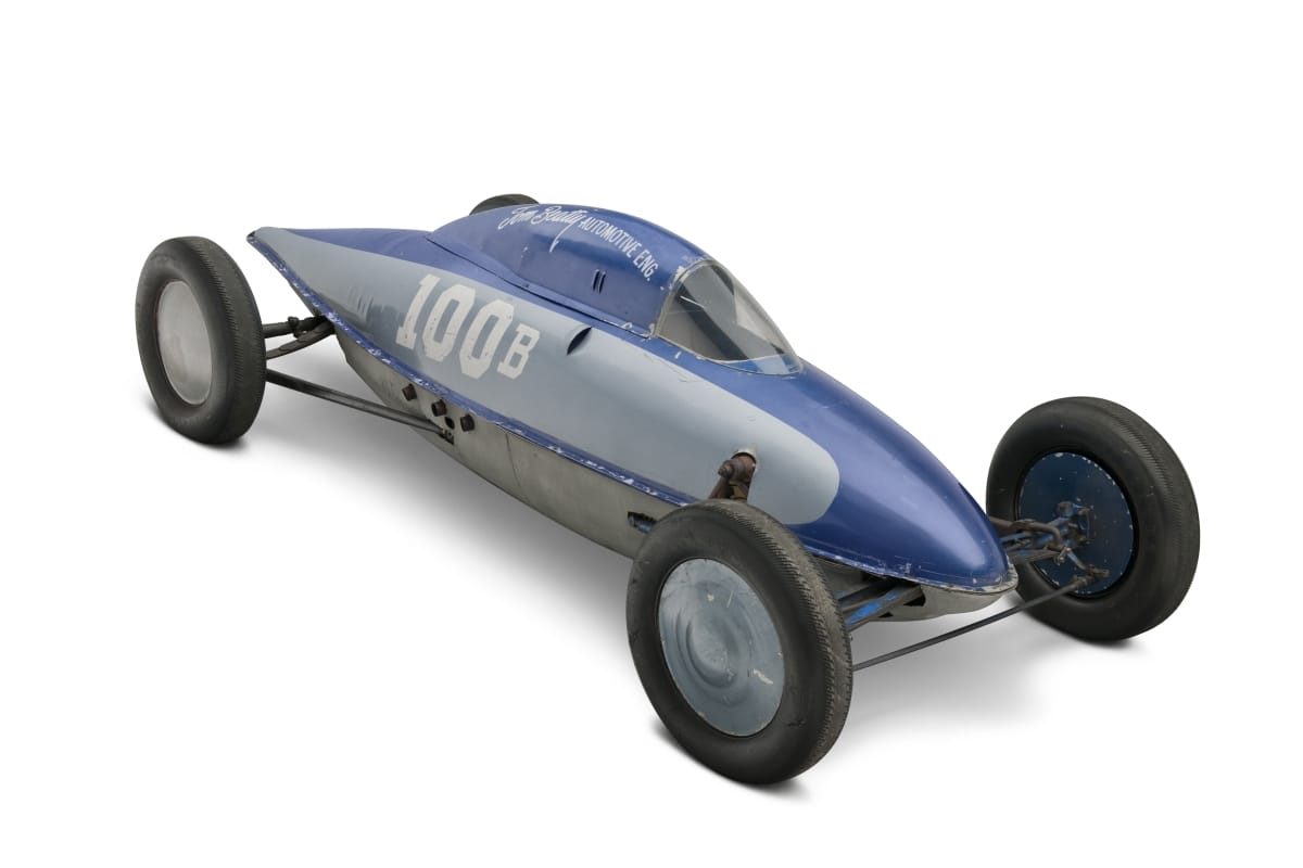 1951 Beatty Belly Tank Lakester Land Speed Race Car Tear-shaped race car in two shades of blue