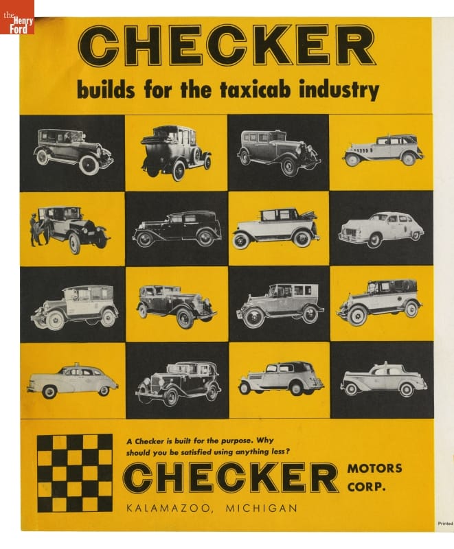Page with text and yellow-and-black checkered pattern with images of cars in each square