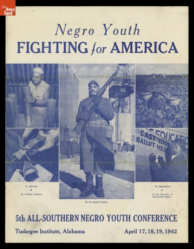 Program for the 5th All -Southern Negro Youth Conference, "Negro Youth Fighting for America," 1942 White page with blue-tinted text and multiple images