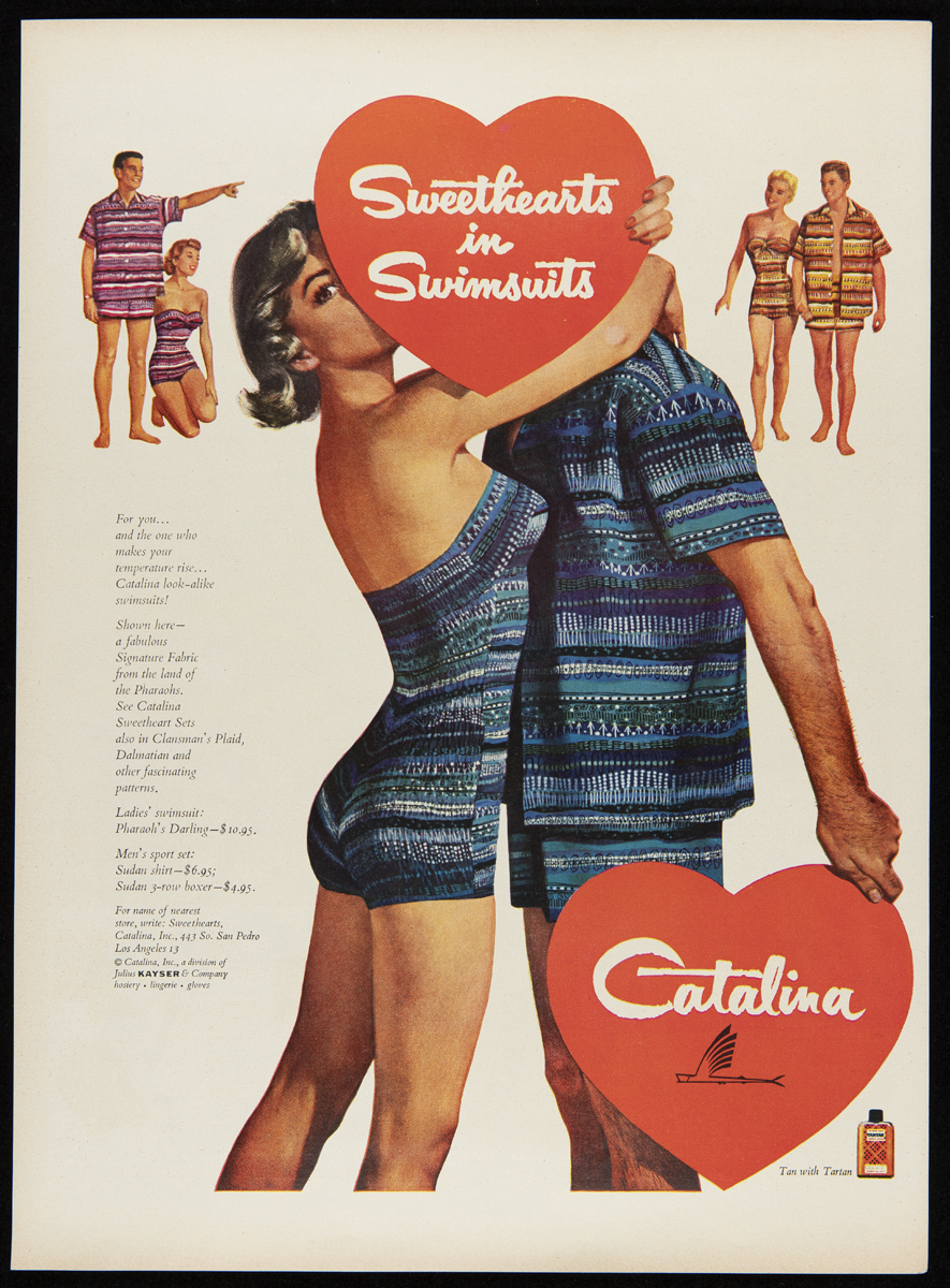 Advertisement with text and image of woman in blue swimsuit with her arms around man in matching shirt and trunks