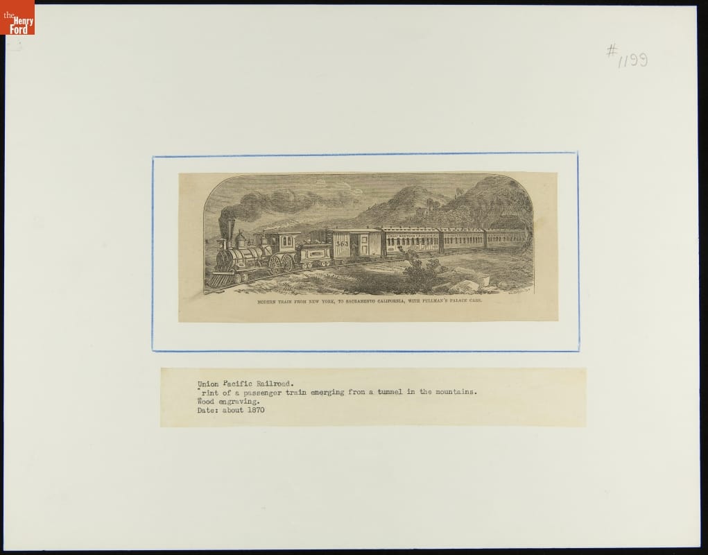 Modern Train from New York, to Sacramento, California, with Pullman's Palace Cars, circa 1870 Print of train mounted on white matboard; also contains text