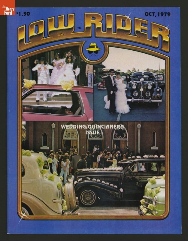 Magazine cover with text and several photos of cars and people in formal dress