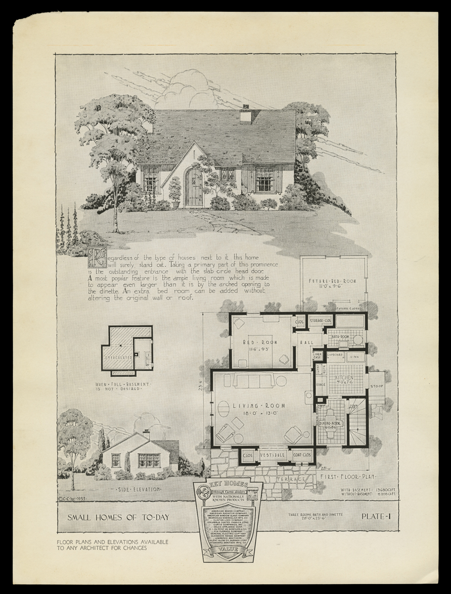Page with image of house, floor plan, and text