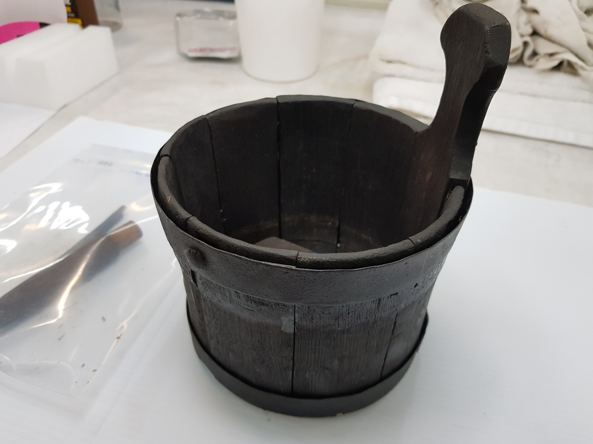 Early American wood piggin re-assembled