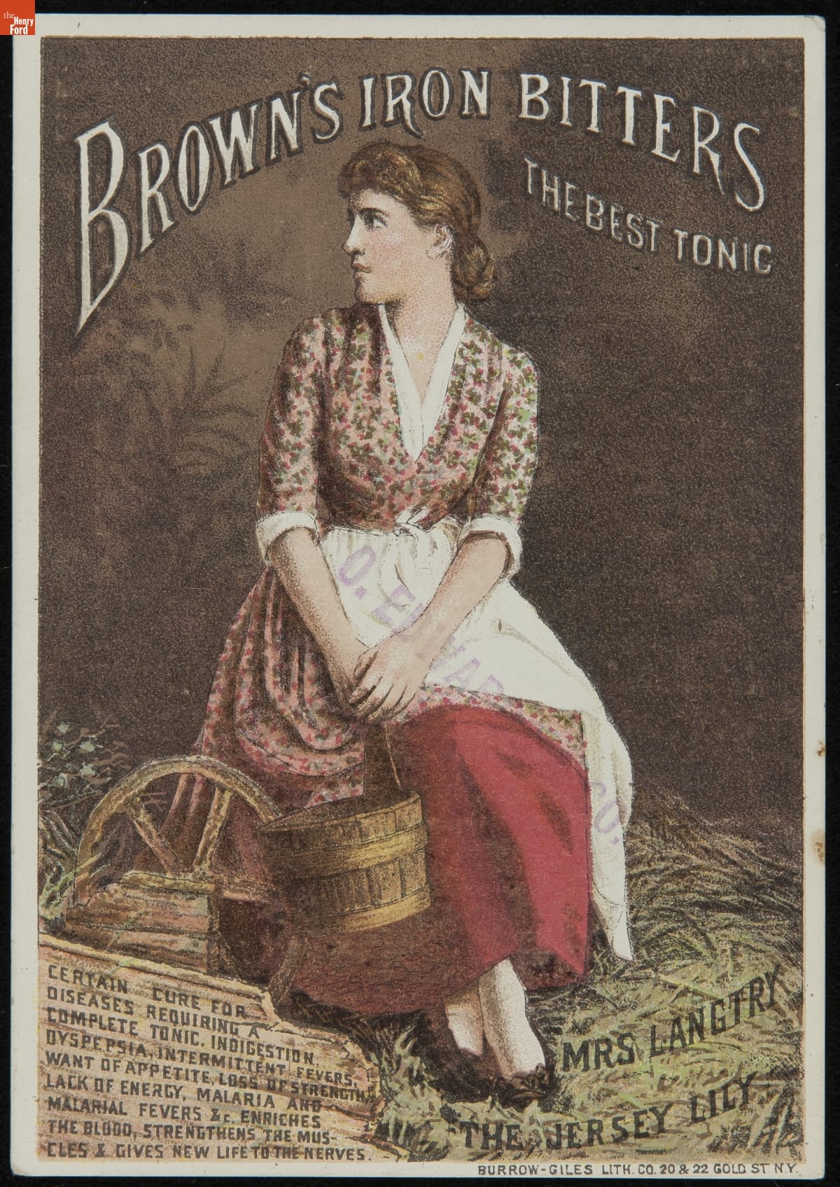 Sitting woman in floral dress with white apron, holding pail; also contains text