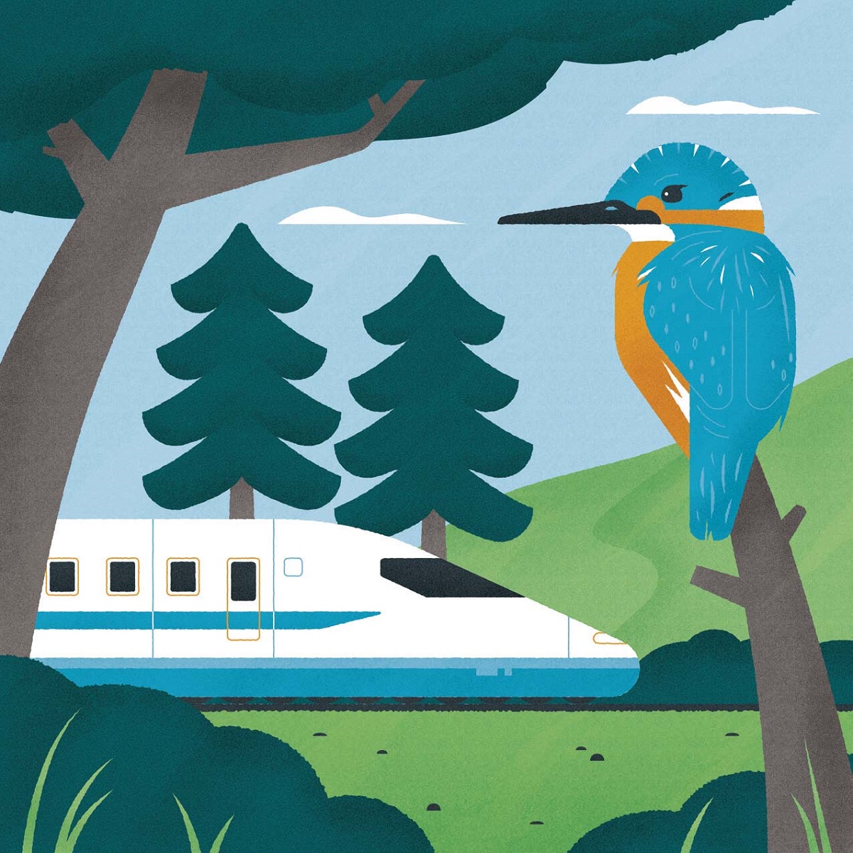 Illustration of blue-and-orange bird with long beak sitting in a tree as a sleek train passes by in the background