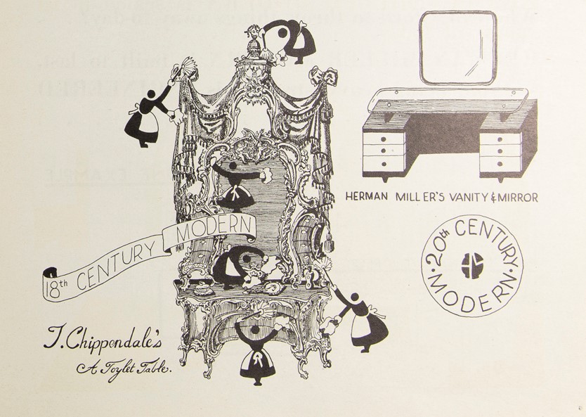 Line drawing of very ornate vanity table with many small stylized figures in maid uniforms dusting it