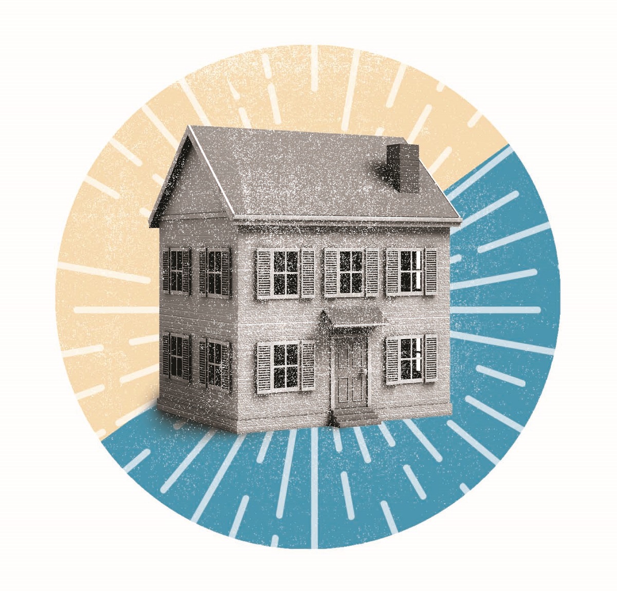 Image of two-story house with graphic circle, half peach and half blue, with white lines behind it