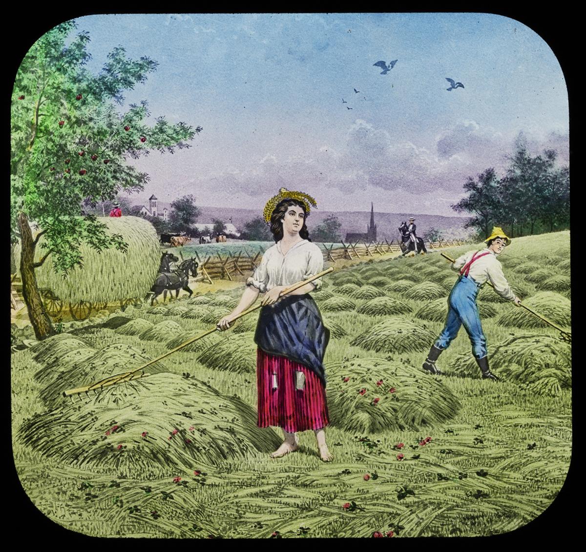 Lantern Slide, Maud Muller Series, "Maud Muller on a Summer's Day Raked the Meadow Sweet with Hay," 1894 Colorful image of woman raking hay in a field, with other people, horses, and wagons nearby