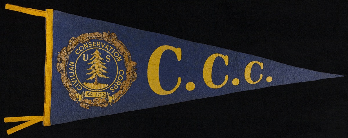 Blue pennant with text "C.C.C." and golden seal with text and tree