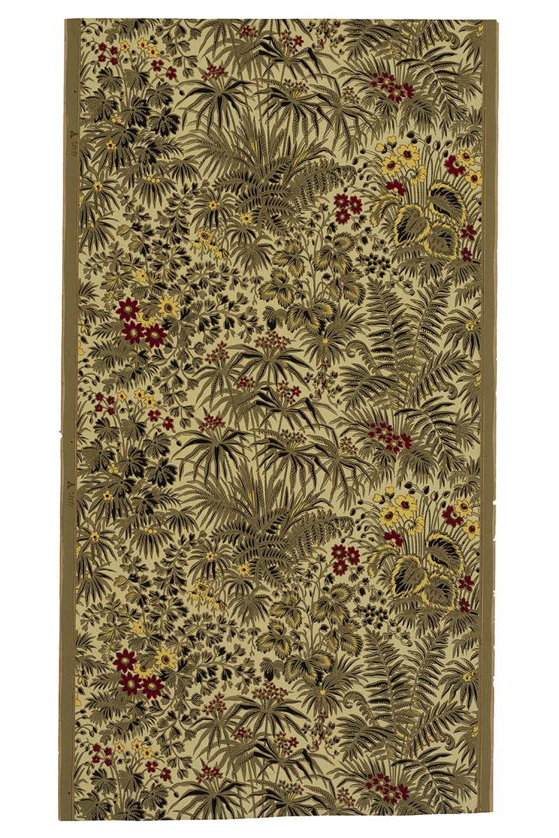 Rectangular piece of wallpaper with pattern of green, red, and yellow flowers and foliage on a cream or puce background