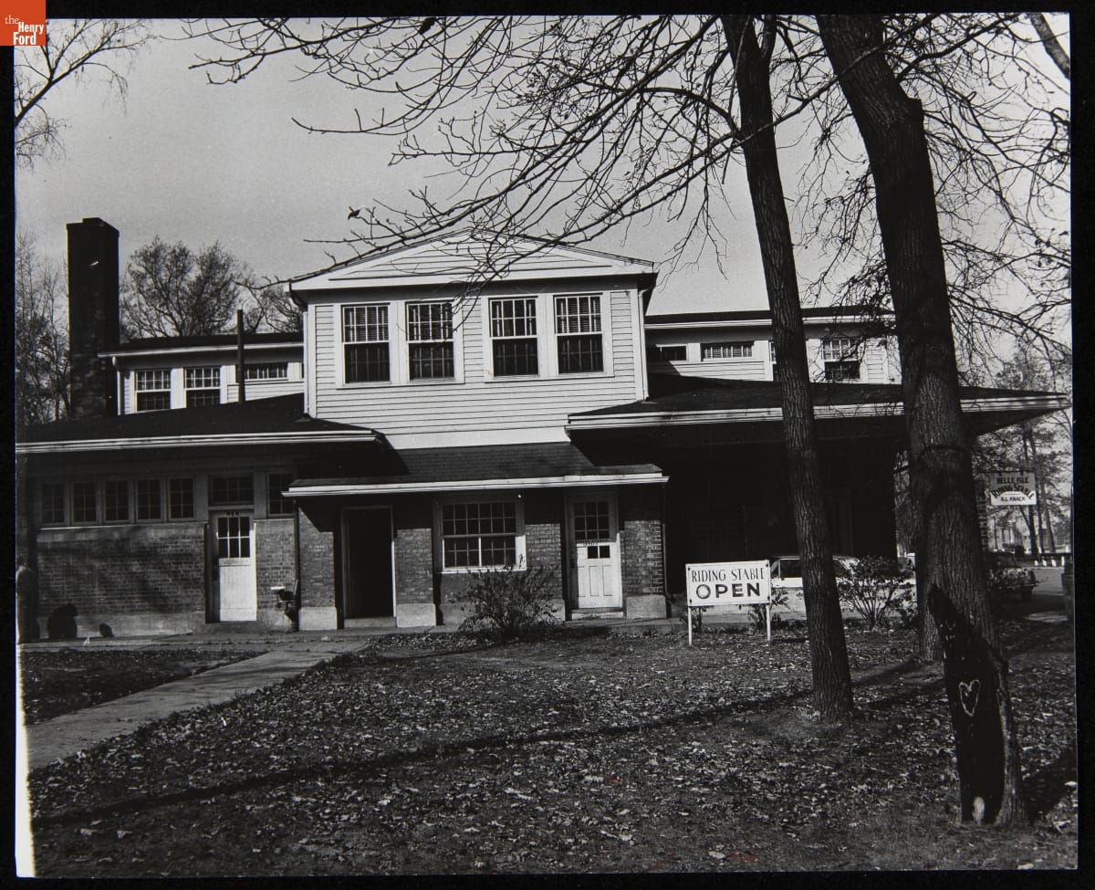 Riding Stable at the Eastern End of Belle Isle, Detroit, Michigan, October 27, 1963 Black-and-white photograph of two-story building