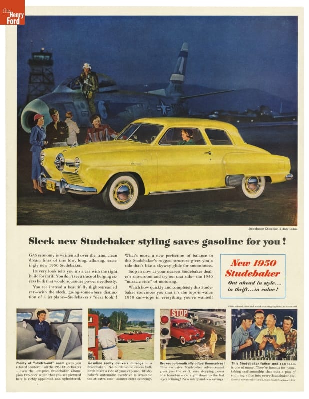 Advertisement with picture of yellow car at airport next to airplane; also contains smaller pictures and text