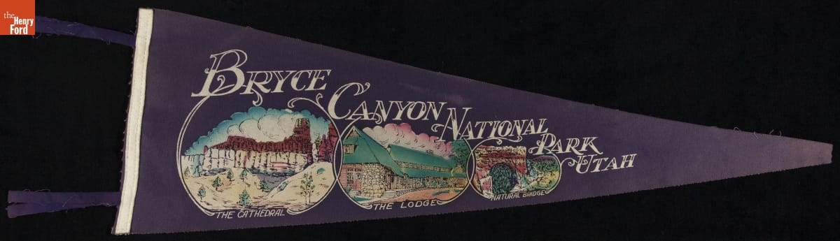 Pennant, "Bryce Canyon National Park, Utah," 1940-1965 Blue pennant with text "Bryce Canyon National Park Utah" and images of rock formations and a rustic building
