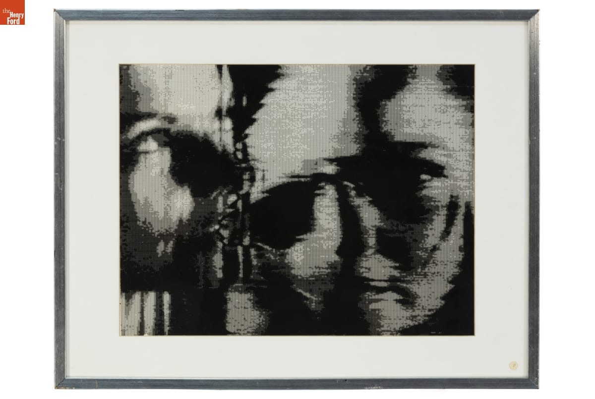 Print by Lillian F. Schwartz Black-and-white print showing two or three views of a woman's face, pixellated
