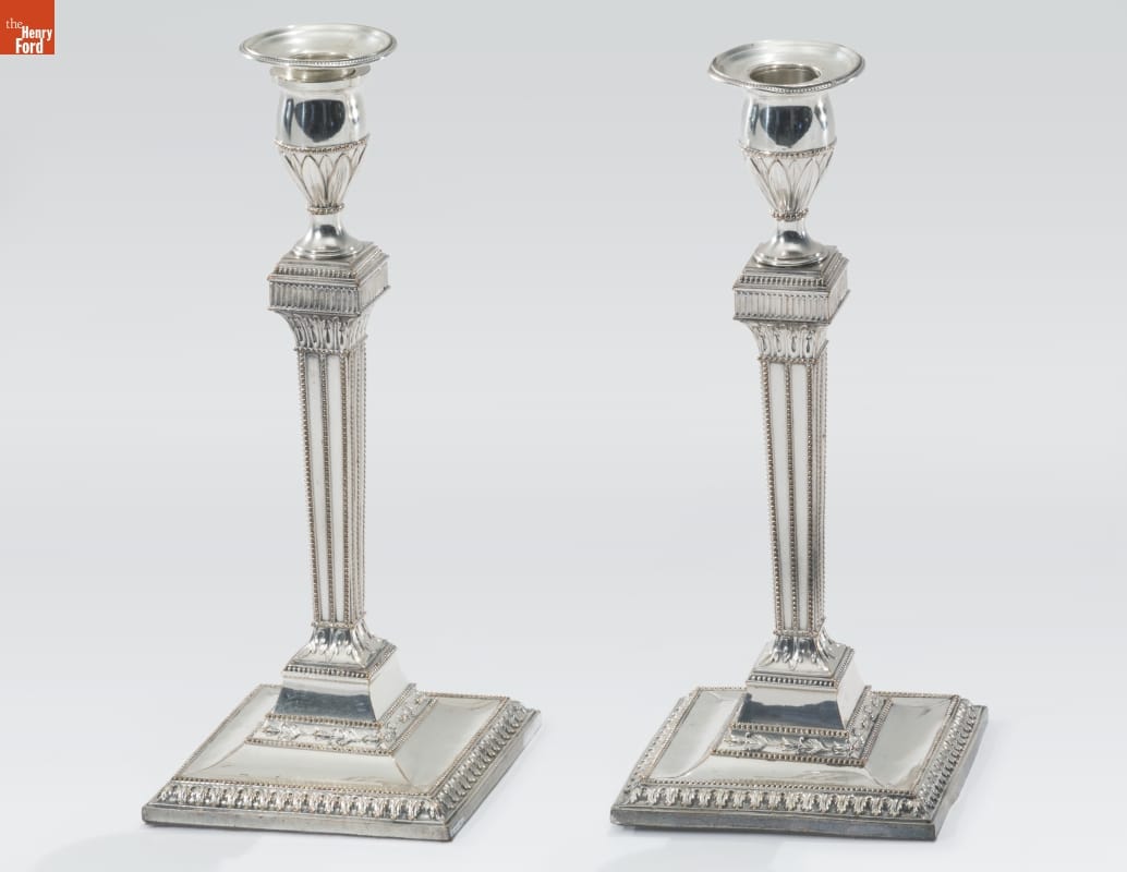 Candlesticks, Used by Alexander Hamilton, 1780-1800 Tall thin silver candlesticks with broad square base, many decorative elements