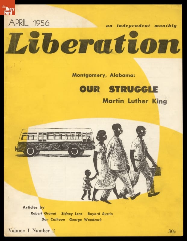 Periodical, "Liberation, An Independent Monthly," Vol. 1, No. 2, April 1956 Graphic yellow-and-white cover with text and image of African American people walking in foreground with a bus in the background